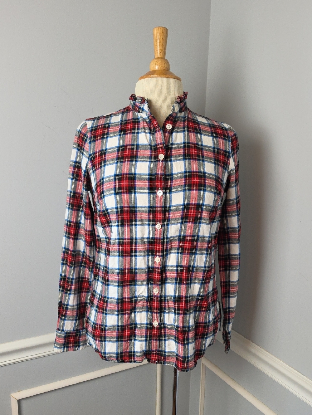 J.CREW Tartan Plaid Flannel Ruffle Neck‎ Holiday Christmas Button Up Top XS